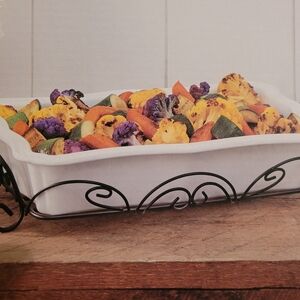 White Ceramic Baking Dish with Black Metal Stand Vintage now baker with rack 13.